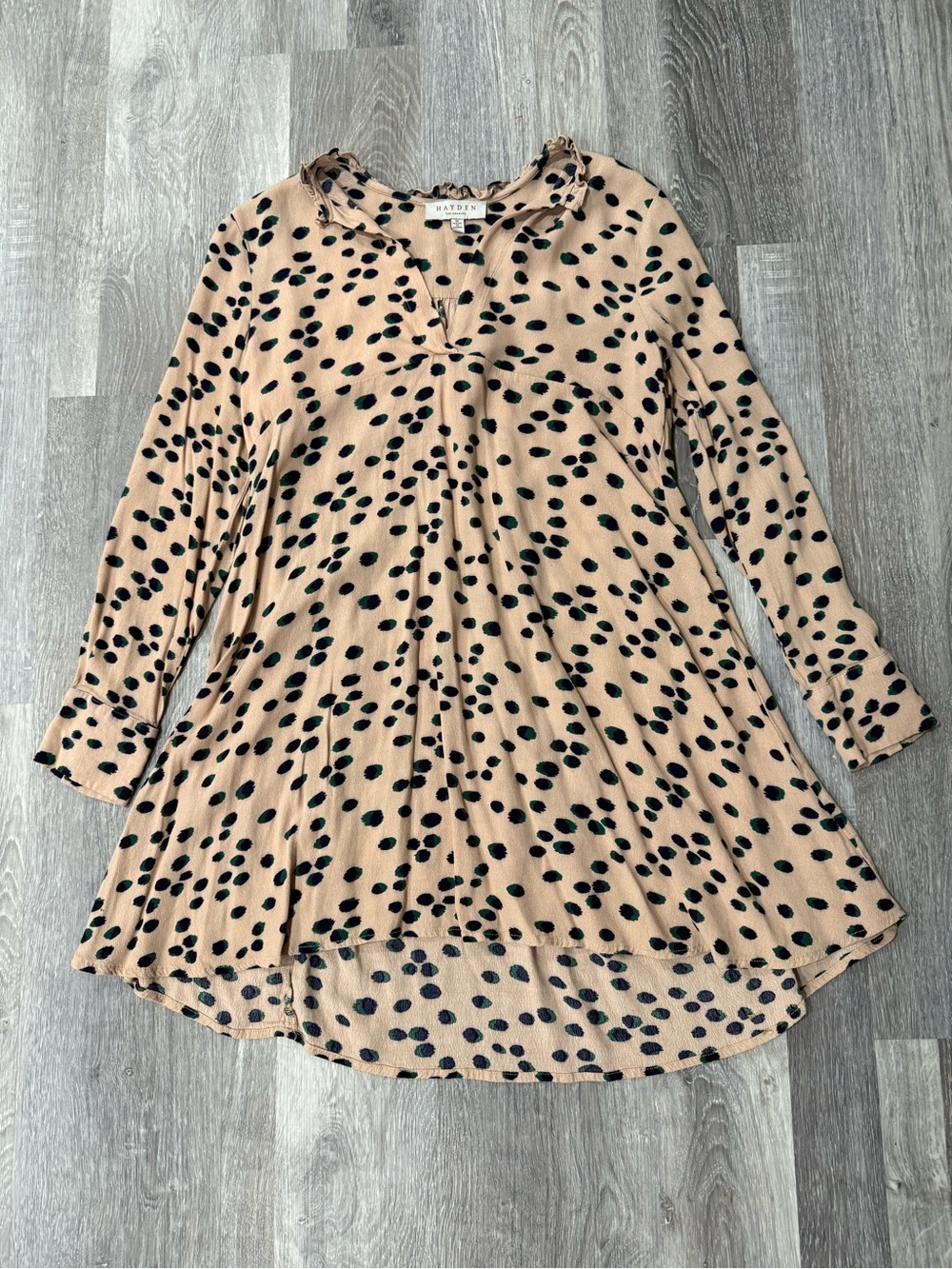 Hayden LA Everleigh Almond Polka Dot High Low Tunic Dress with Ruffles M